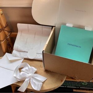 Authentic Tiffany & Co Gift Bag Set w/ Ribbon Bow, Tissue + Seal, Card, Box